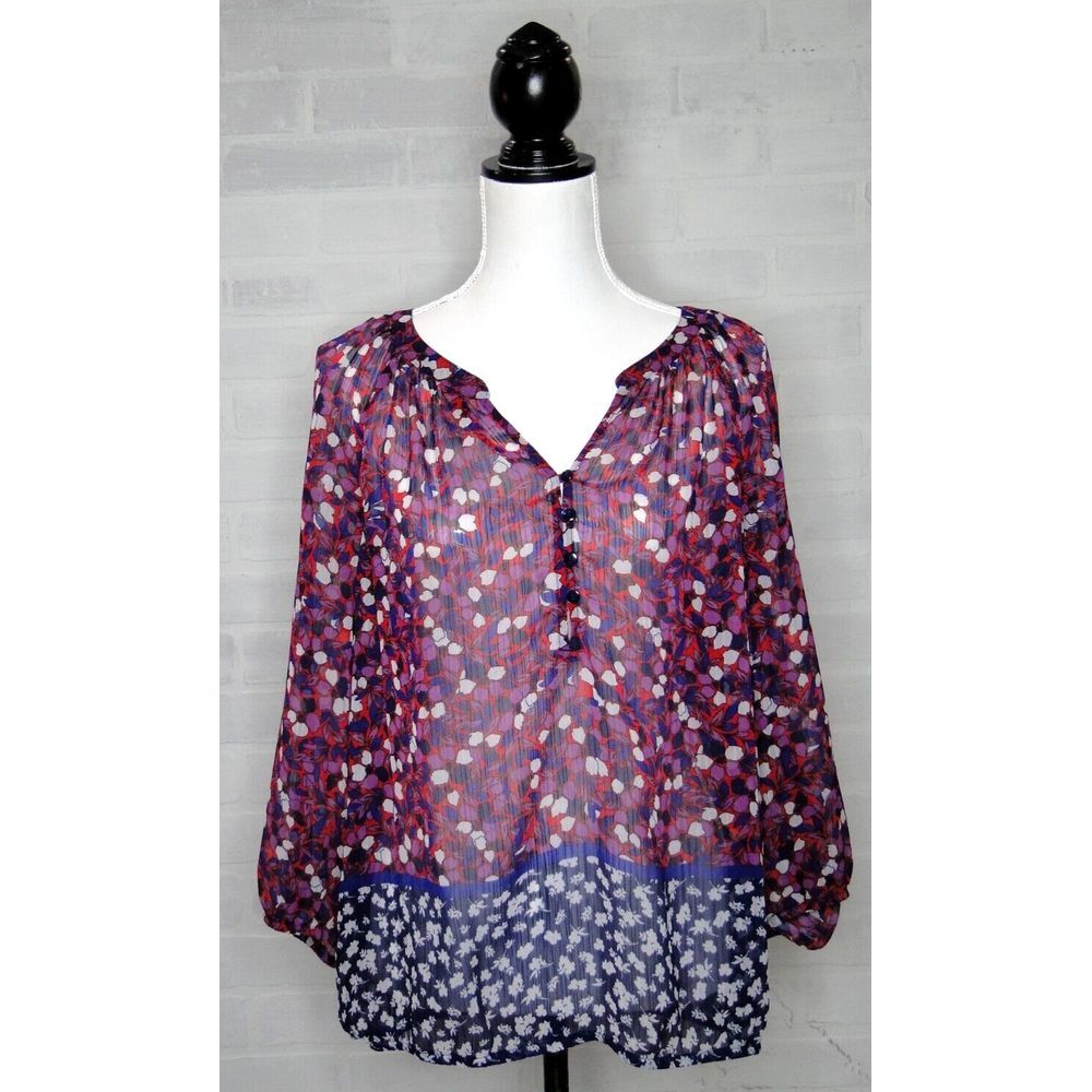 Liz Claiborne Women's Large 3/4 Length Floral Blouse Red Blue Sheer Overlay Top